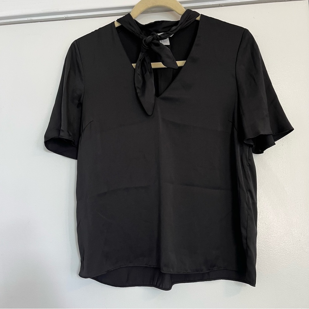 H&M Black Tie Neck Secretary Blouse short sleeve satin p*ssy bow top office 2
